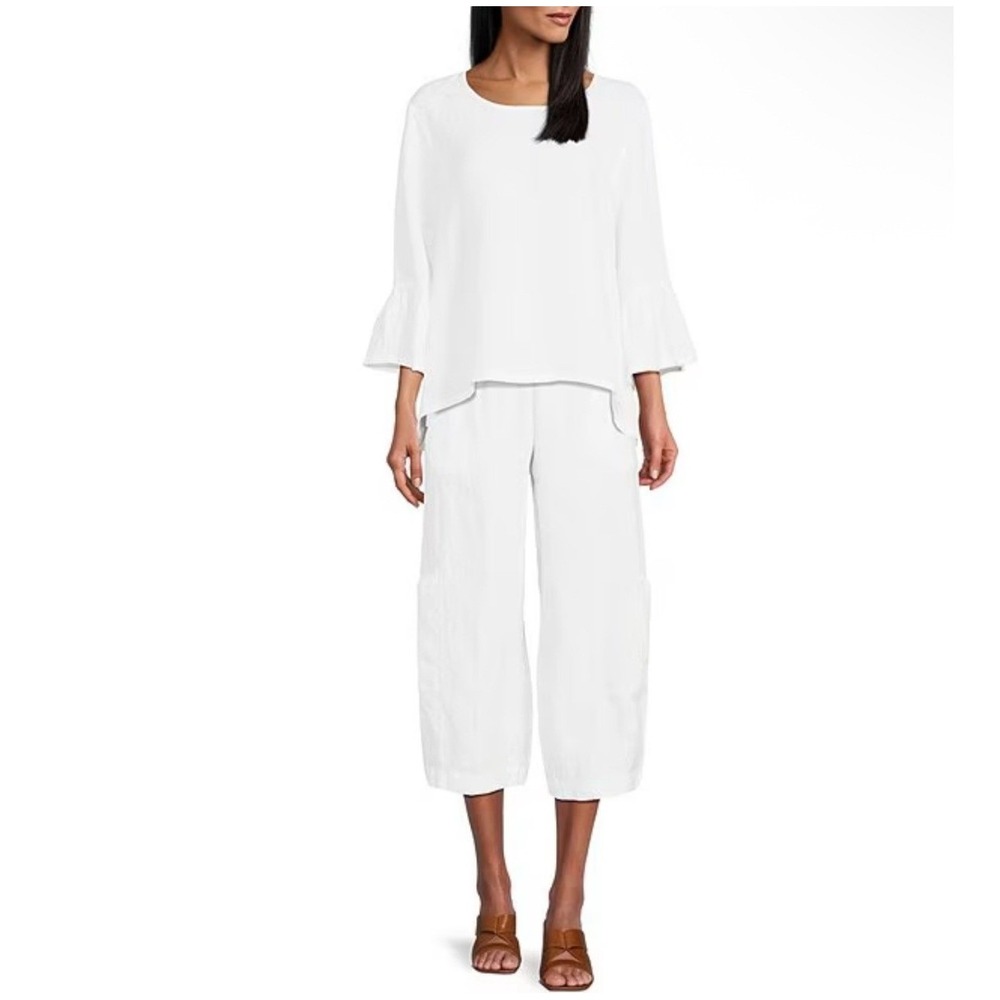 Bryn Walker Fran Basic Linen Ruffle Bell Sleeve High-Low Top White XL